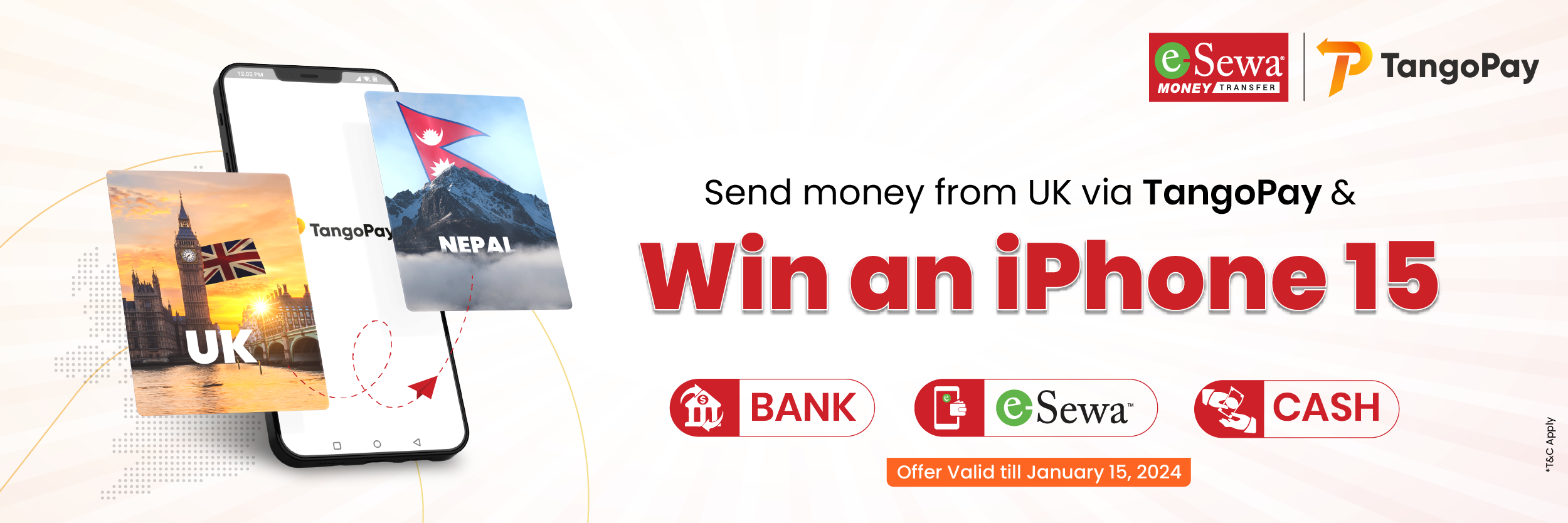 Send money from UK via TangoPay and get a chance to win an iPhone 15! - Banner Image